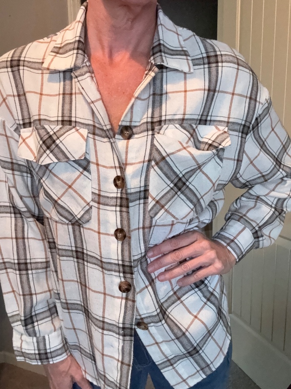 SHEIN Tan, Cream, Black Plaid Flannel